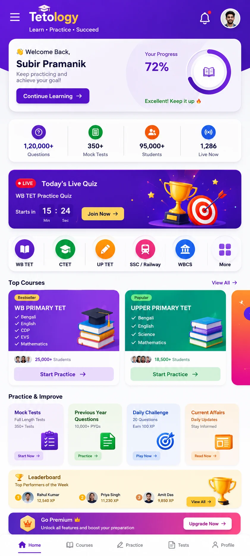 Tetology Android application home screen showing learning courses and live exam options